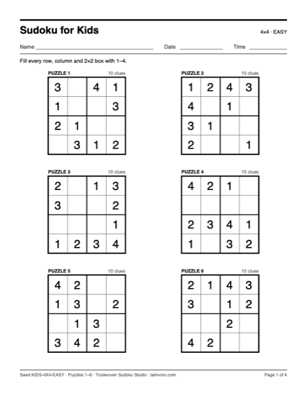 Page 1 of the 4×4 Easy PDF: six 4×4 grids, two per row, each with ten digits given, under a heading with Name, Date and Time lines.
