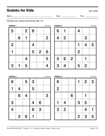 Page 1 of the 6×6 Easy PDF: four 6×6 grids, two per row, each with eighteen digits given and 2×3 boxes outlined in bold.